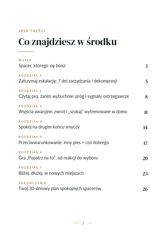 Spis treści ebooka Spokojny spacer — 7 rozdziałów, wstęp i 30-dniowy plan